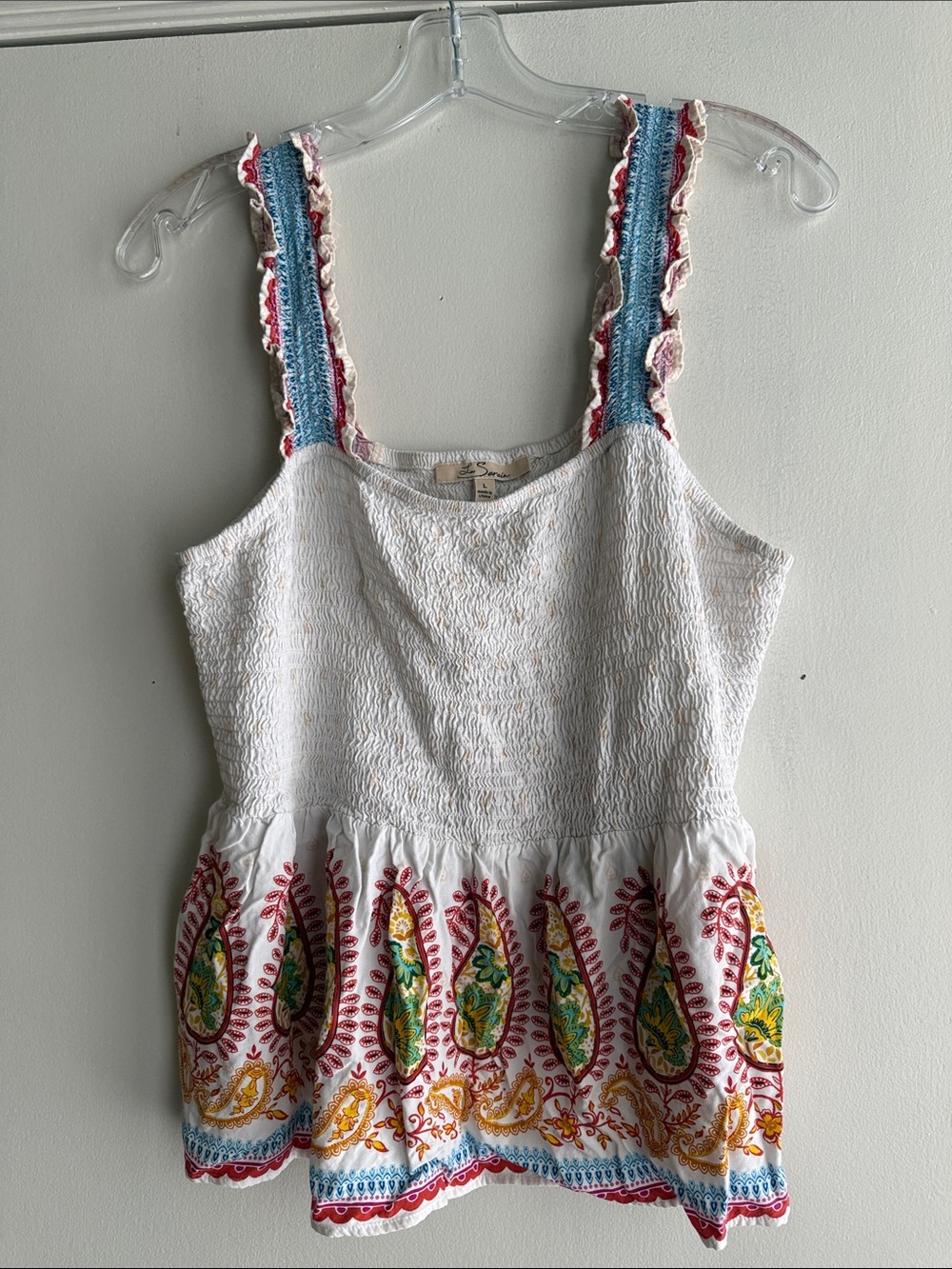 White Embroidered Smocked Peplum Camisole with Multicolor Trim